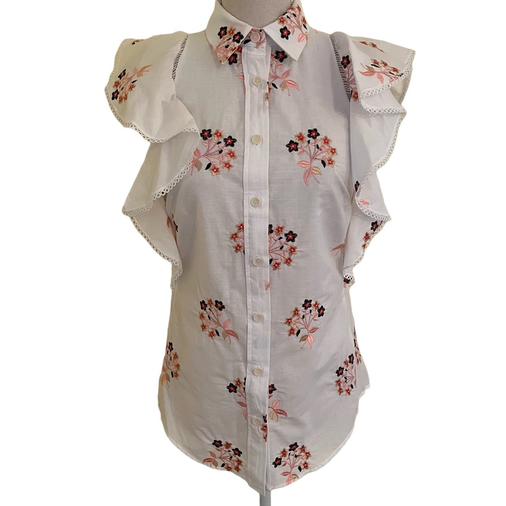 Lela Rose Pearl Cotton Embroidered Flutter Sleeve Blouse XS